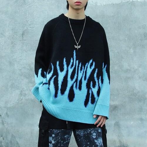 Spring autumn men blue flame hip hop sweater oversize pullover women harajuku casual round neck knitwear