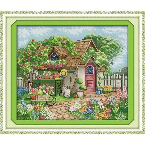 Garden cottage DIY 14CT count Cross Stitch Embroidery Kits Craft Needlework Set Pattern Printed Canvas Handmade Home Decoration