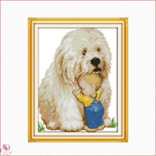 The Dog And A Baby Cross Stitch Kit 14CT 11CT Canvas DIY Animal Pattern Needlework Embroidery Kit Home Decoration Painting