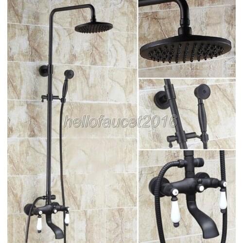Wall Mounted Dual Handle Dual Control Bathroom Rain Shower Faucet Set Black Oil Rubbed Bronze Bath Tub Mixer Tap lhg145