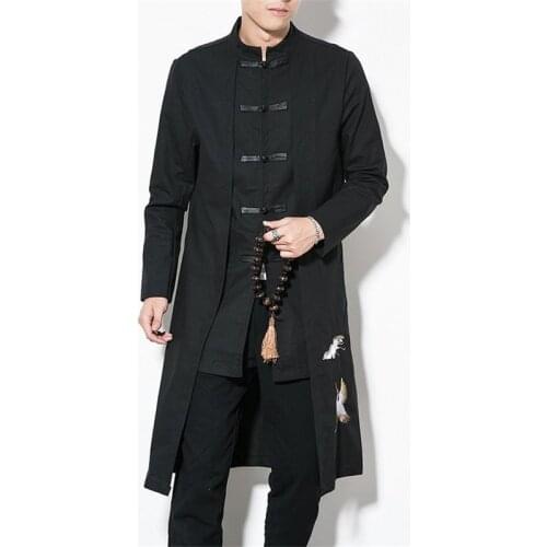 Chinese Style Tops 2020 News Coat Linen Embroidery Crane Casual Long Gown New Year Clothes Traditional Chinese Clothing for Men