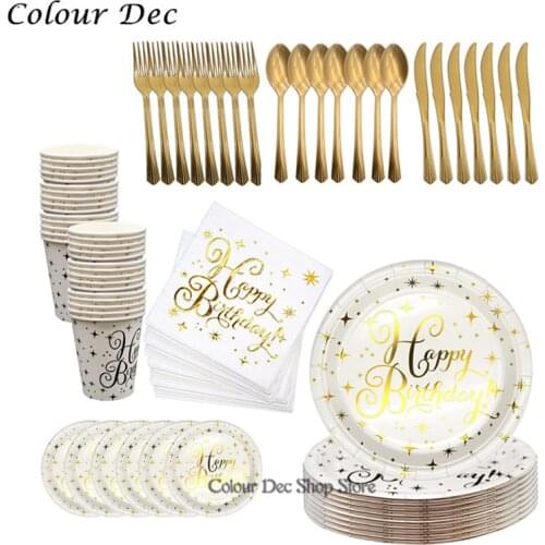 10pcs/lot happy Birthday Hot thicken Gold Foil Paper Towel Napkin cup plate spoon Fork Party Happy Birthday Wedding Decoration