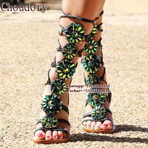Luxury Rhinestone sandals woman Crystal Gladiator Sandal women Knee High boots Snake Flat ROME shoes Women Summer Shoes