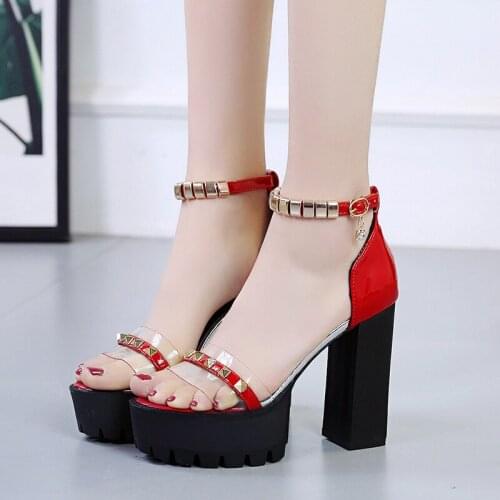Transparent rivets platform heels sandals Shoes Women Pumps High Heels Sexy Block Heels Women Sandals Platform Buckle red white