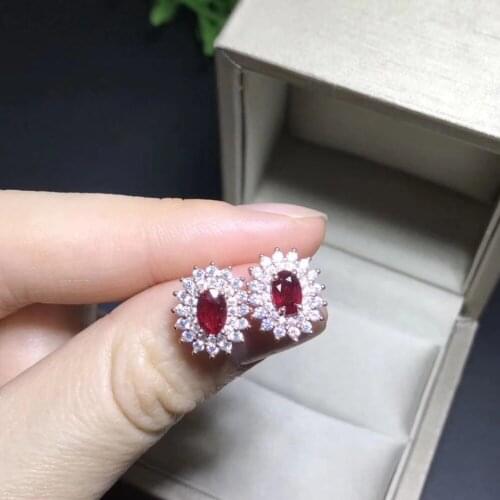 Natural ruby stud earring Free shipping Original real ruby 925 sterling silver 4*6mm*2pcs gemstone For men or women