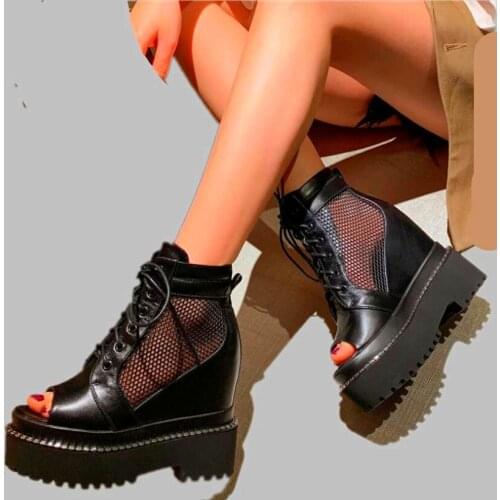 Womens Genuine Leather Platform Wedge Sandals Open Toe Summer Ankle Boots Lace Up High Heels Oxfords Creepers 34 35 36 37 38 39