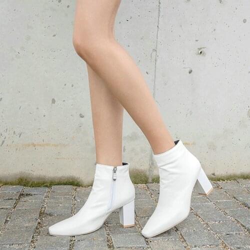 Black White PU Leather Spring Autumn Women Ankle Boots Simple Square Root Womens Short Boots Zipper Shoes Large Size 34-43