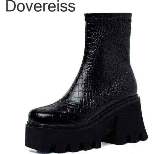 Dovereiss Fashion Womens Shoes Winter Goth Platform Zipper Brown Square Toe Pure Color Female Ankle Boots Block Heels New