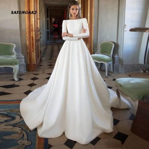 Long Sleeve Satin Wedding Dress 2020 For Women Simple Bridal Gowns Plus Size Vestido De Novia Robe Mariage Online Shop Undefined