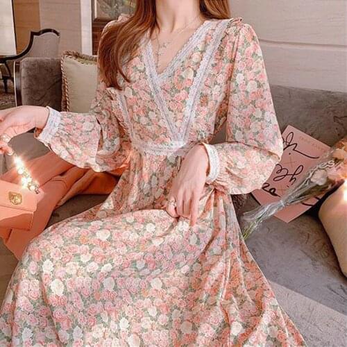2021 Summer Sweet One Piece Dress Korean V-Neck Long Sleeve Midi Dress Women Causal Elegant Party Floral Dress Female Design Y2k