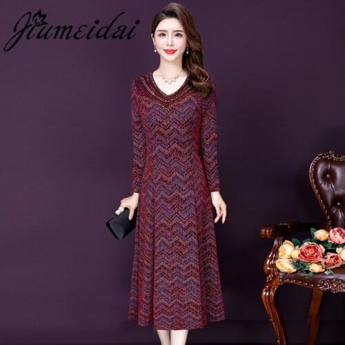 JiuMeiDai 2021 Women Autumn Elegant A-Line Vneck Dress Office Lady Diamonds Robe Femme Vintage Designer Party Clothing Plus Size