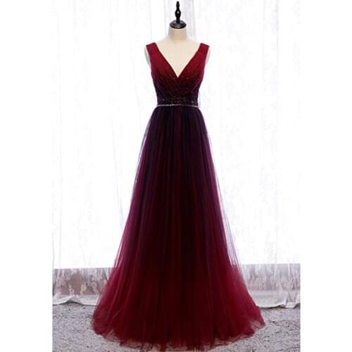 Fashion Evening Dress Robe De Soiree V-neck Burgundy Tulle With Beading Evening Dresses Long Dress Real Photo Vestido De Festa