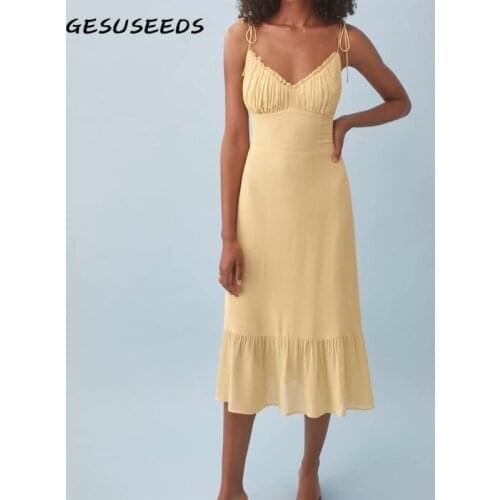 Elegant dress women summer dresses sleeveless v neck midi dress korean style ruffle dresses women party yellow dress 2021