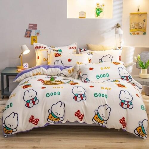 1 Piece Purple Cartoon Strawberry Bunny Winter Thicken Warm Luxury Comfortable Duvet Cover Flannel Cover Bedding Single/Double
