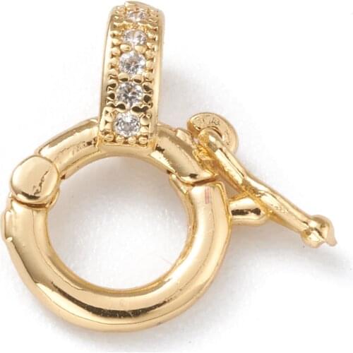 20pcs Brass Real 18K Golden Long-Lasting Plated Micro Pave Clear Cubic Zirconia Ring Twister Clasps Finding 14x11x2mm Hole 4x3mm