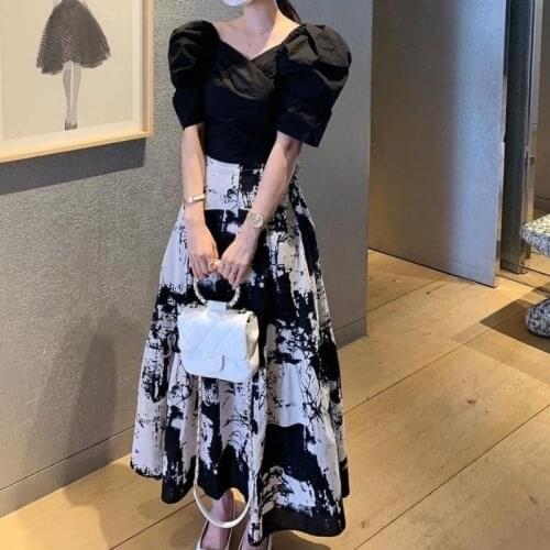 2021 Korea Summer Elegant Suit Sexy Black V-Neck Puff Sleeve Chic Blouse Top + High Waist A-Line Midi Skirt 2 Piece Set
