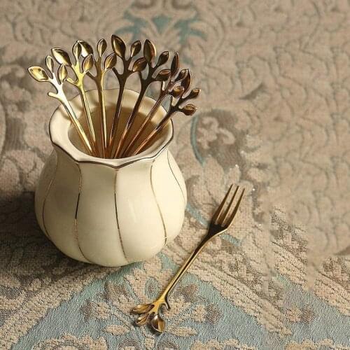 5Spoon+5Forks Stainless Steel Leaf Coffee Cake Spoon Fork Dessert Spoons, Stirring Teaspoon Set-ABUX