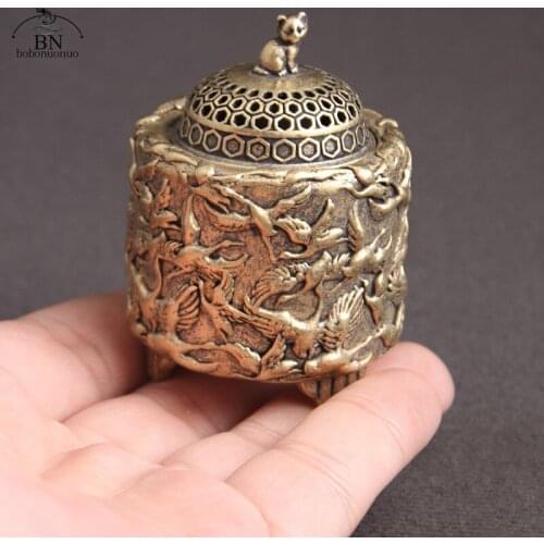 Antique Brass Crane Cat Lid Incense Burner Home Decoration Desk Ornament Accessories Sandalwood Censer Figurine Retro Collection
