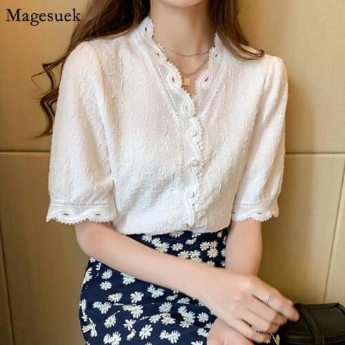 New Spring Summer Womens Shirt Tops Short Sleeve V Neck Puff Sleeve Blouses Female Casual Lace White Blouse Femme Blusas 10051