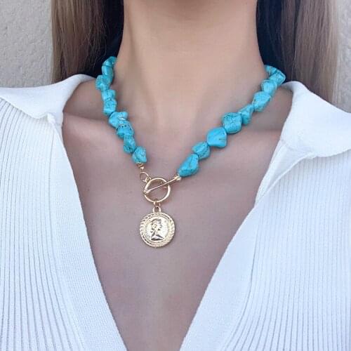 Lifefontier Bohemian Natural Stone Chain Carved Coin Pendant Necklaces for Women Ethnic Turquoise Beaded Chain Necklace Jewelry