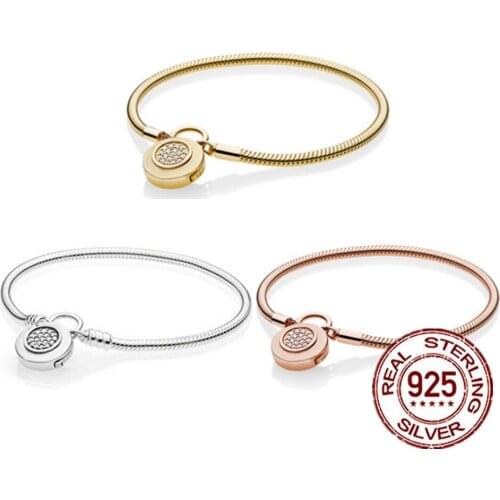 DoDoFly Trendy Fit Original 925 Sterling Silver Moments Braclets Rose Gold Heart Lock Snake Chain For Women DIY Charm Bracelets