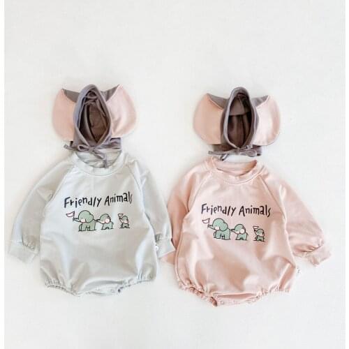 Spring Autumn Infants Costume Boys Girls Cartoon Elephant Printed Jumpsuit Romper Lovely Cartoon Newborn Baby Clothes With Hats