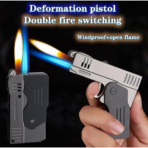 Creative Metal Double Fire Deformation Pistol Butane Gas Lighter Free Fire Jet Torch Windproof Flint Funny CIgar Lighters Gift