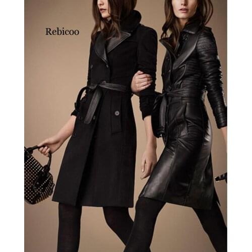 New Autumn Winter Women Vintage PU Leather Lapel Jacket Double Breasted Black Trench Coat Motorcycle Casual Soft Long Overwear
