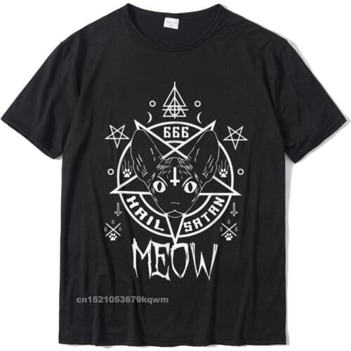 Hail Satan Meow Demonic Sphynx Cat 666 Funny Cat T-Shirt T-Shirt Normal Cotton Men Tops Shirts Personalized Funny Top T-Shirts