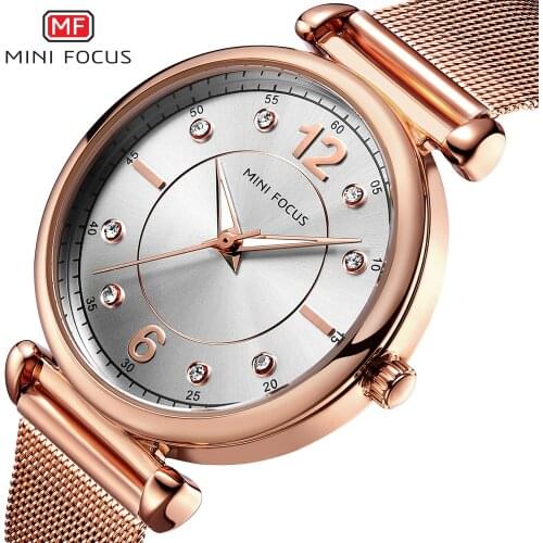 MINI FOCUS Women Watches Top Brand Luxury 2020 Rose Golden Mesh Strap Rhinestone Decoration Fashion Elegant Ladies Analog Clock