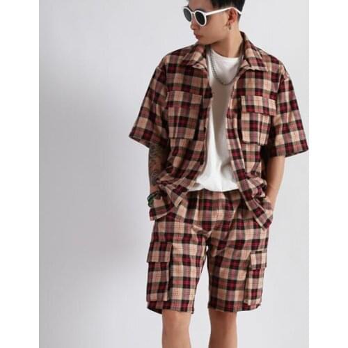 Fashion lattice shirt men short sleeve shirt and pants set teenage korean loose shirt mens personality stage singer dance b634