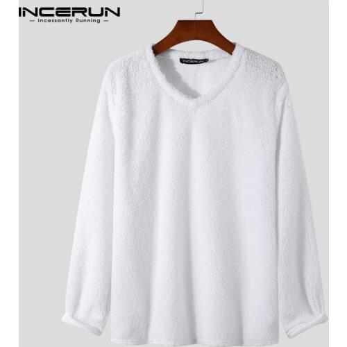 Men Casual T Shirt Fleece Solid Color V Neck Long Sleeve Streetwear Autumn Men Clothing Cozy 2021 Leisure Camisetas 5XL INCERUN