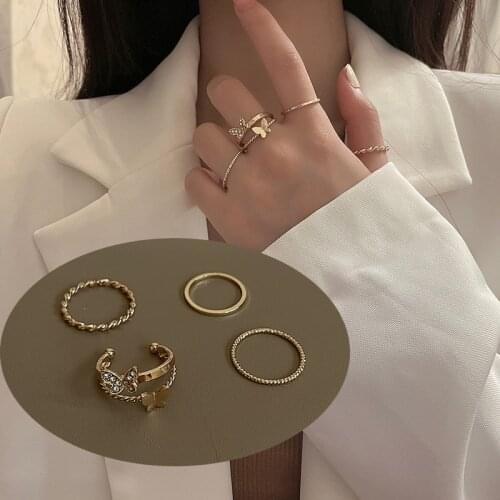 2021 Trendy Rings Set 4pcs Gold/Silver Butterfly Rings Index Finger Accessories Buckle Joint Tail Rings for Women Jewelry Gifts
