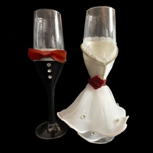 Newest 1 pair red bow and white lace Rustic Wedding Bridal Shower Gift wedding burlap Champagne Toasting Glasses Set
