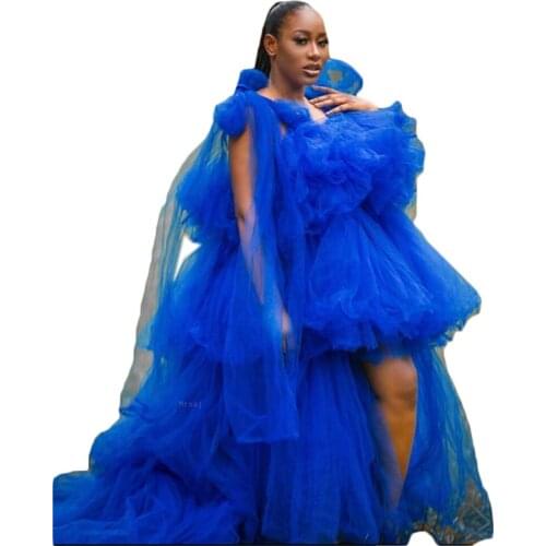 New Royal Blue Ball Gown Evening Dresses Robes for Photo Shoot Baby Shower Sexy Ruffle Women Dress Photography Robe Real Images