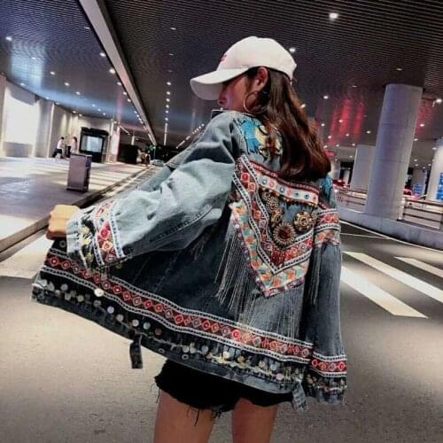 Bohemian Floral Embellished Denim Jacket Women 2020 Autumn & Winter Jacket Coat Female Folk Appliques Chic Women Outwear Y304