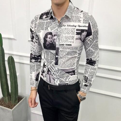 2020 new fashion designer pattern shirt newspaper shirt social mens fashion long-sleeved shirt mens party club slim shirt 5XL