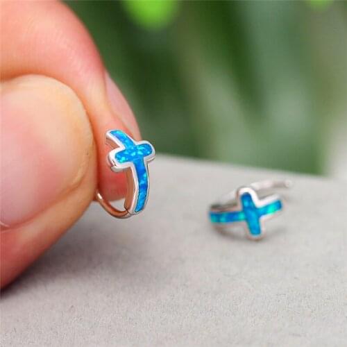 Blue/White Fire Opal Stone Cross Stud Earrings For Women White Gold Wedding Earrings Female Lucky Jewelry Luxury Gifts