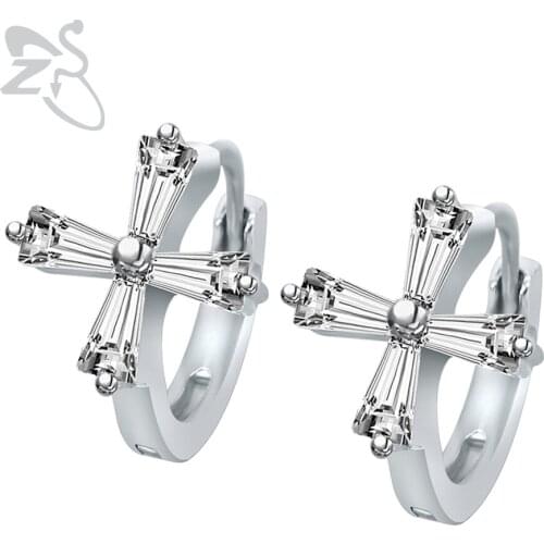 ZS Cross Hoop Earrings 925 Sterling Silver Circle Earing Cubic Zirconia Small Hoops Earrings for Women Ladies Crystal Earrings