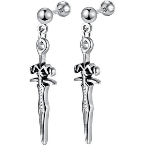 Fashion Sword Skull Dangle Earrings for Men Stainless Steel Knife Earring Punk Rock Jewelry