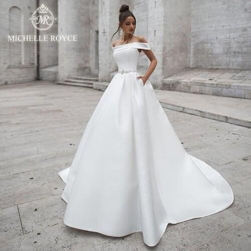 Michelle Royce A-Ling Wedding Dresses 2020 Boat Neck Sleeveless Button Chapel Train Bridal Gowns Vestido De Noiva
