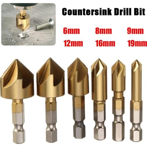 6pcs 5 Flutes HSS Countersink Chamfer Drill Bit 1/4" Hex Shank Titanium Coated Woodworking Core Dril Bit Power Tool Accessories