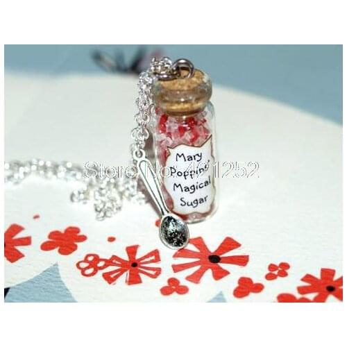 12pcs MARY POPPINS Spoonful of Magical Sugar glass Bottle Necklace with a Spoon Charm Inspired necklace