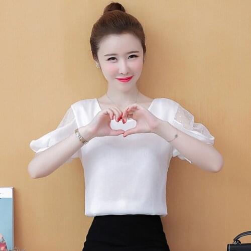 Off Shoulder Women Spring Autumn Style Chiffon Blouses Shirts Lady Casual Short Sleeve O-Neck Chiffon Blusas Tops ZZ0832