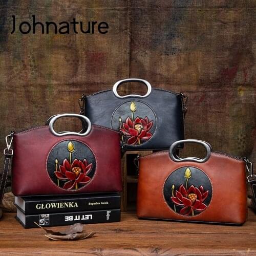 Johnature Retro Nature Cow Leather Women Bag 2021 New Hand Painted Versatile Handbag Leisure Female Shoulder & Crossbody Bags