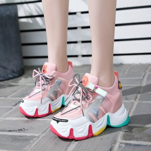 New Women Glitter Sneakers Casual Female Lace Up Zipper Platform Shoes Fashion Comfort Dad Chunky Sneakers White Black Red