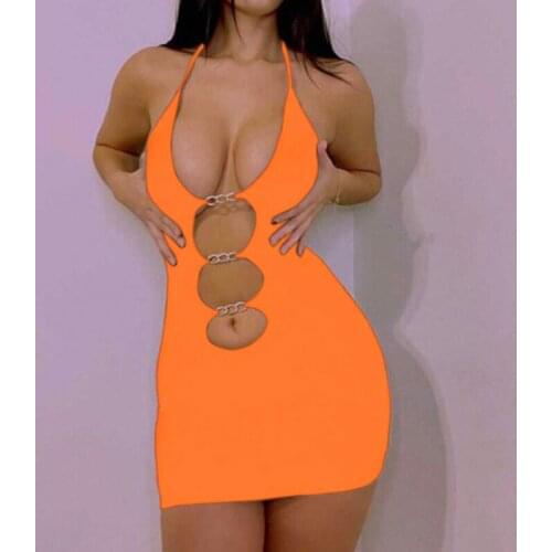 BKLD Y2K Nightclub Metal Chain Patchwork Straps Halter Dress 2021 Hollow Out Backless Solid Black Tight Mini Dresses For Women