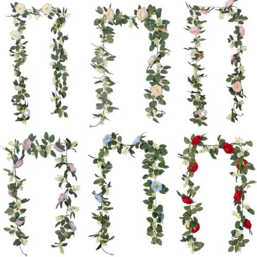 2pcs 2M Artificial Tea Rose Leaves Vine String For Flower Arrangem Plant Wall Wedding Arch Party Home Garden Hotal Decorative