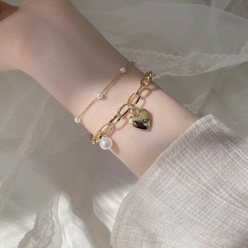 2021 Korean Fashion heart Pearl charm Bracelet for Women Girls Double Layers Cute Pendant Bracelet Bangle Birthday Jewelry Gifts