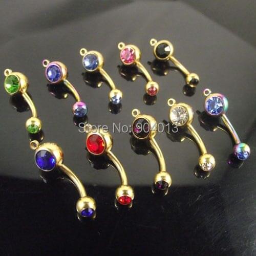50pcs/lot gold double crystal belly ring add your own charm mixed color body jewelry navel piercing